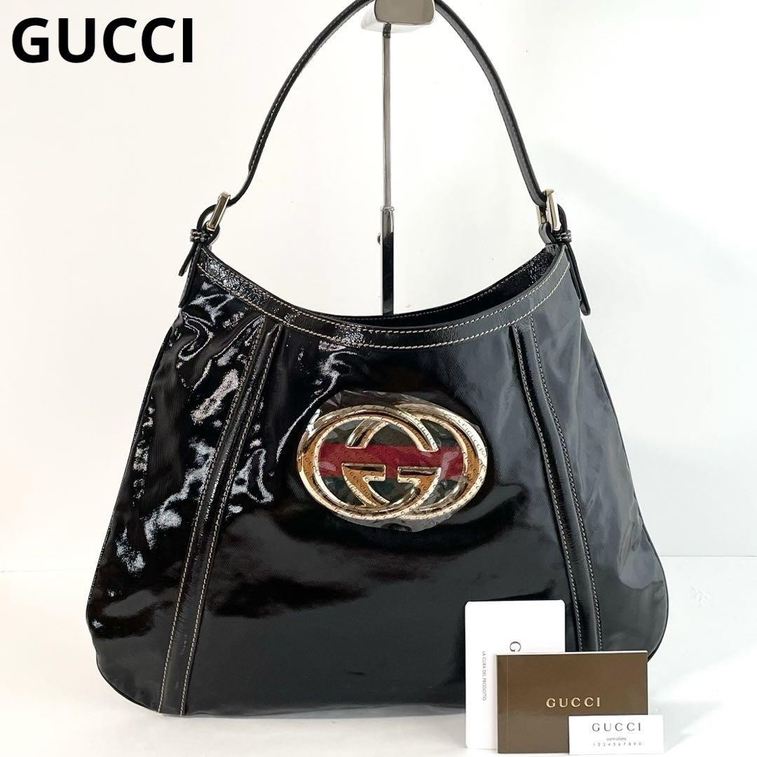 Gucci New Britt Black Patent Leather One Shoulder Tote Bag Excellent Cond