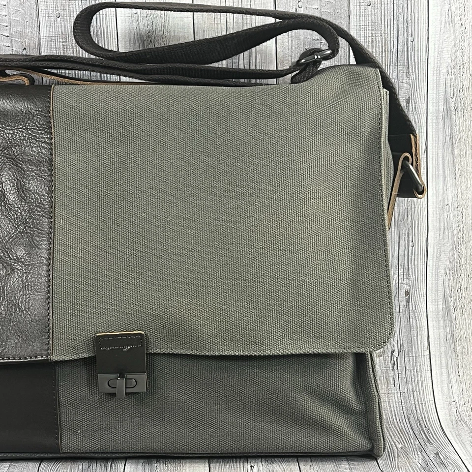 Bolso Mensajero para Laptop Pottery Barn Bolso Bradley Cuero y Lona Taupe y Oliva Foto 3 de 4