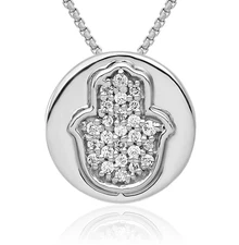 14K Solid White Gold Diamond Hamsa Floating Chain Slide Pendant Necklace