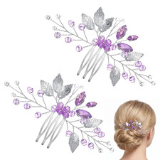 Azefnuhk 2 PCS Leaf Hair Combs for Women, Purple Rhinestone Hair Comb Clips