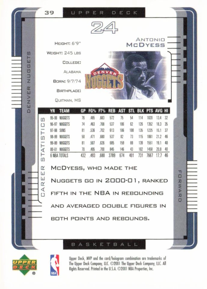 2001-02 Upper Deck MVP #39 Antonio McDyess - Image 2 of 2