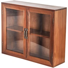 Cosmetics Display Cabinet with Clear Doors - 2-Level Wooden Tabletop Shelf St...