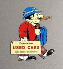 VINTAGE 15” DEPENDABLE CIGAR USED PORCELAIN SIGN CAR GAS OIL TRUCK MOTORCYCLE