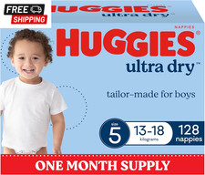 Huggies Ultra Dry Nappies Boys Size 5 (13-18Kg) 128 Count - One Month Supply (Pa