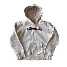 Y2K Abercrombie Fitch White Cursive Script Embroidered Logo M Cotton Hoodie