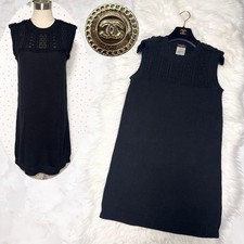 CHANEL Dress Sleeveless Knit 34 Black Lace Detail Elegant Cotton