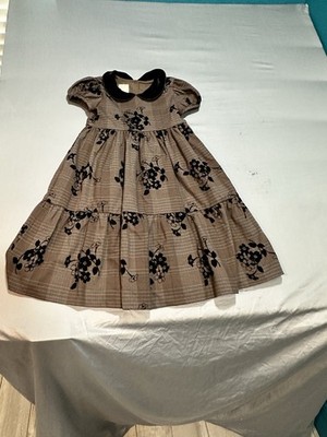 Laura Ashley London Girls Dress Brown Plaid Black Velvet Collar & Flowers Sz 6