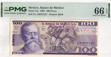 Mexico 100 Pesos 1982 P74c PMG Uncirculated Grade 66 EPQ Mexican Banknote