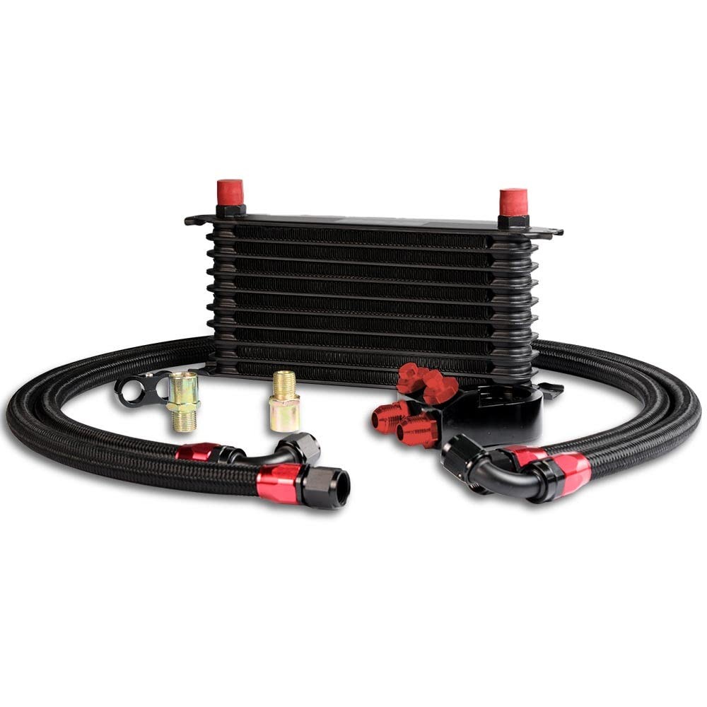 10 Row 10AN Universal Aluminum Engine Transmission Oil Cooler+Oil Filter Adapter