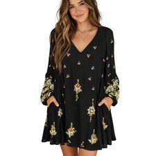 Free People Oxford Embroidered Shift Dress Boho Indie Long Sleeve Size S Black