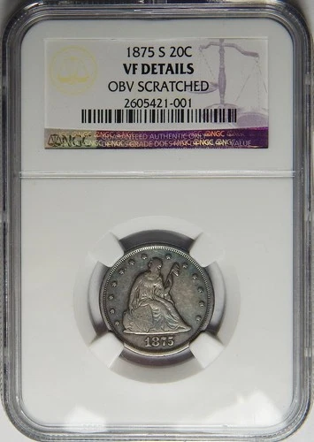 1875-S NGC VF DETAILS, OBV SCRATCHED SEATED LIBERTY TWENTY CENTS