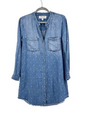 CLOTH + STONE Women's Light Denim Stitch Pattern Raw Hem Shirt Dress Small