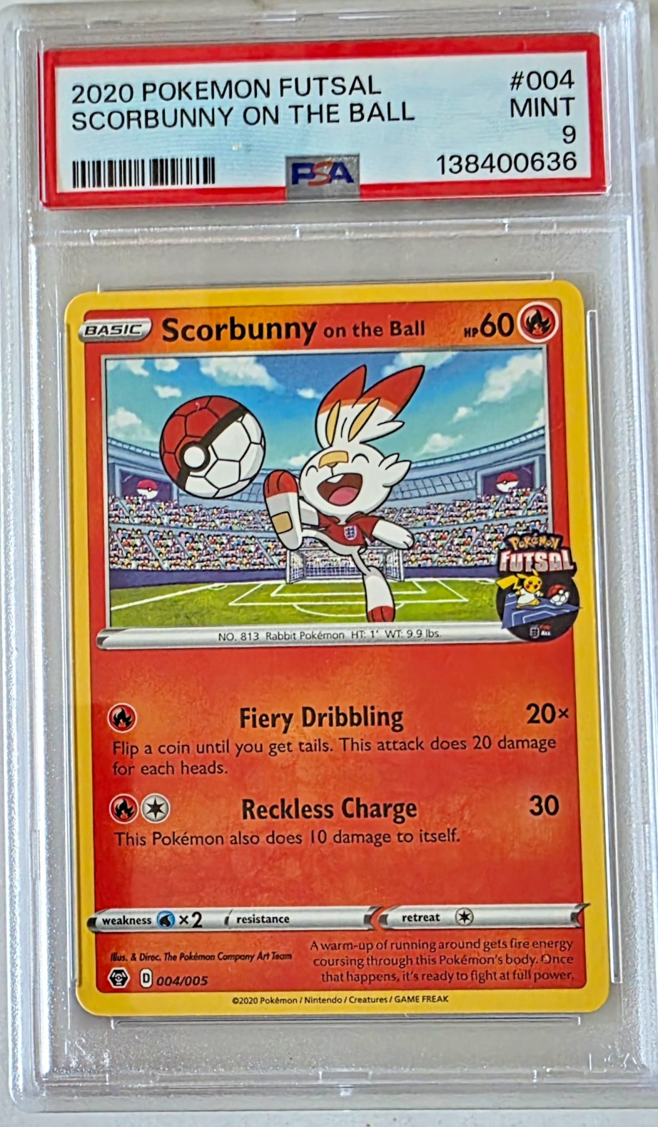 2020 POKEMON FUTSAL #004 SCORBUNNY ON THE BALL PSA 9 RARE