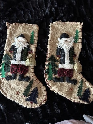 Two Vintage Handmade Christmas Stockings With Santa, Trees And Christmas Present