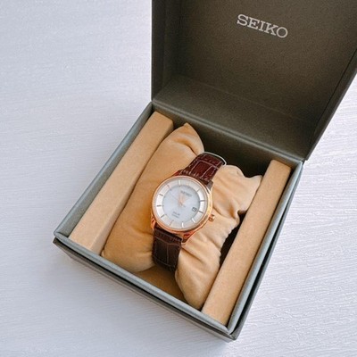 Seiko Solar-powered Watch White Dial Brown Leather Strap 85-B56 NEW