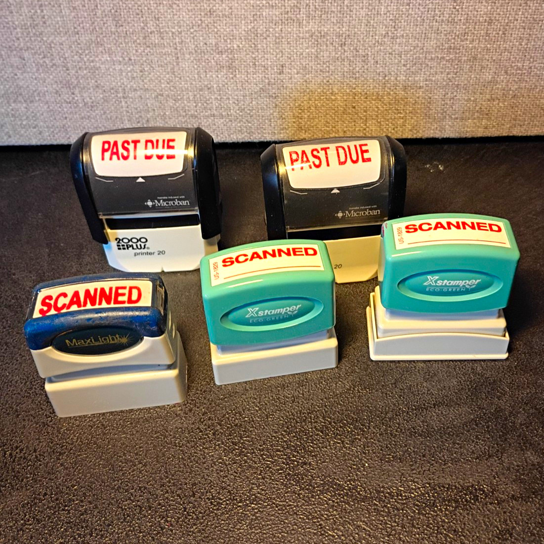 Xstamper Eco-Green Self-Inking Office Stamps PAST DUE & SCANNED Lot of 5