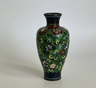 Antique Japanese Meiji Cloisonné Enamel Vase Floral Butterfly Green Ground 5” - Image 1 of 4