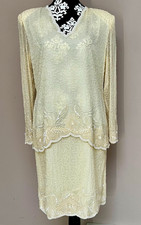 LAURENCE KAZAR NY Vintage Illusion Sheath Heavily Beaded Mock Jacket Cream Gown