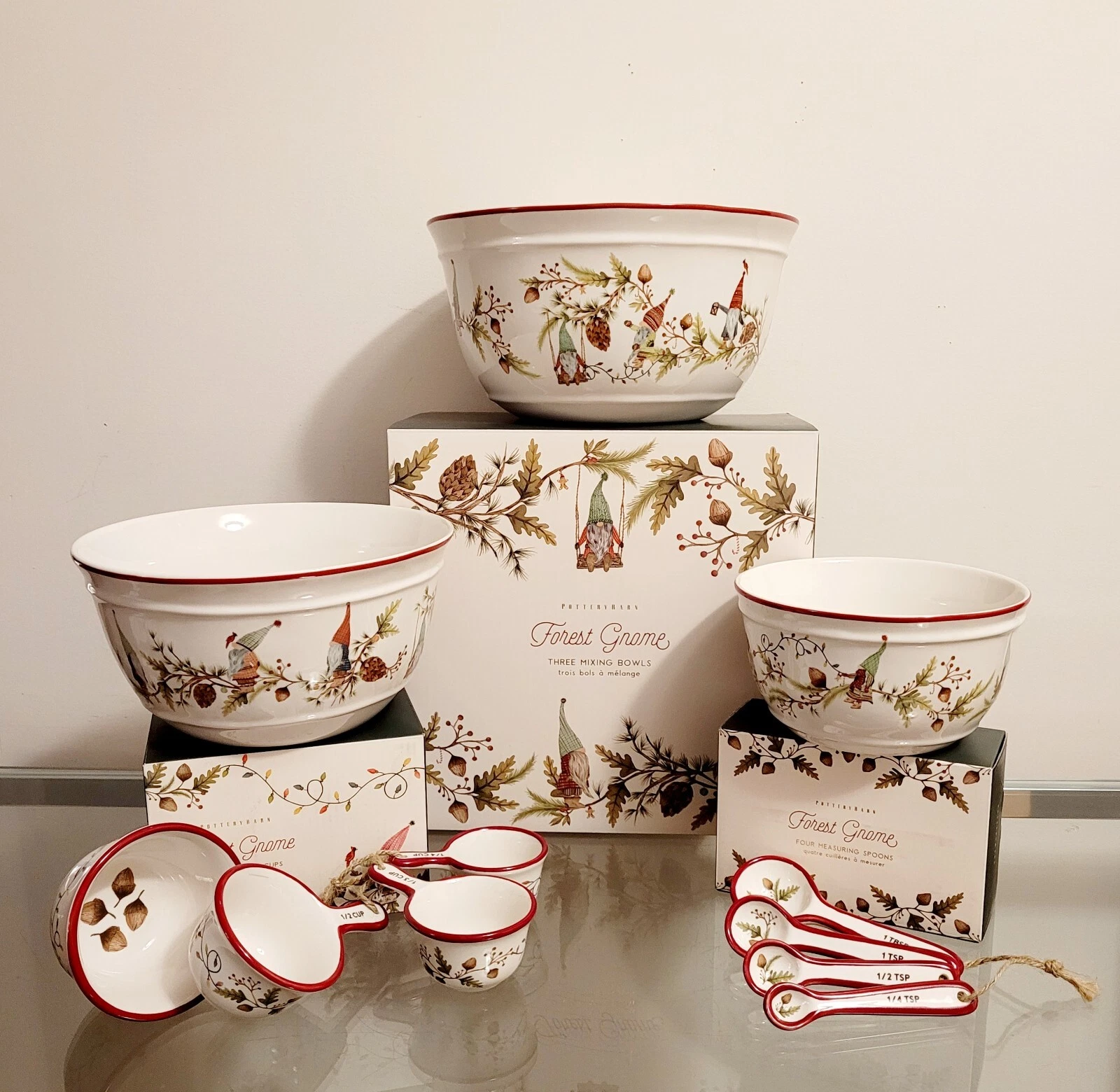 Pottery Barn Forest Gnome Mixing Bowls Measuring Cups & Spoons Baking Set NEW
