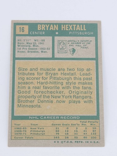 1971 TOPPS #16 BRYAN HEXTALL PITTSBURGH PENGUINS - Picture 2 of 2