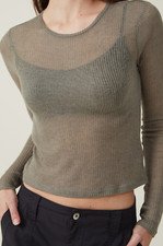 Cotton:On Women's Ricki Sheer Ribbed Long Sleeve Top Sheer Woodland Green Size M