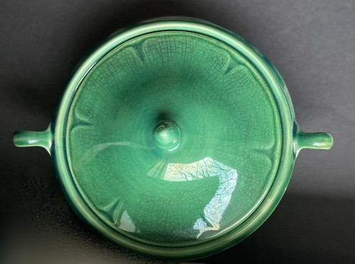 Vintage Green Art Glazed Stoneware Pottery Covered 8" Serving Dish with Handles - Picture 3 of 9