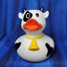 Cow wearing Cowbell with black patches Rubber Duck from Factotum NEW