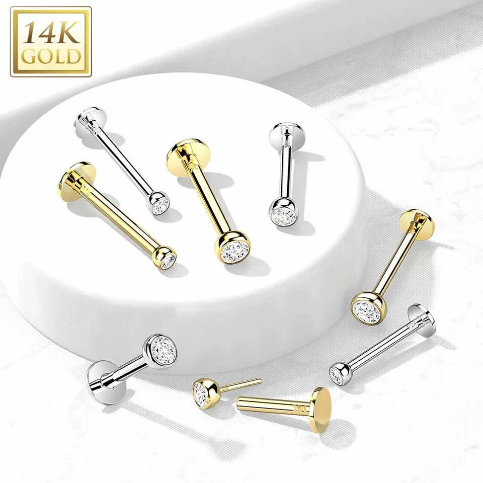 Juego de bisel de oro macizo de 14K circonita cúbica sin rosca empuje en labret oreja cartílago Daith 16G Foto 2 de 4