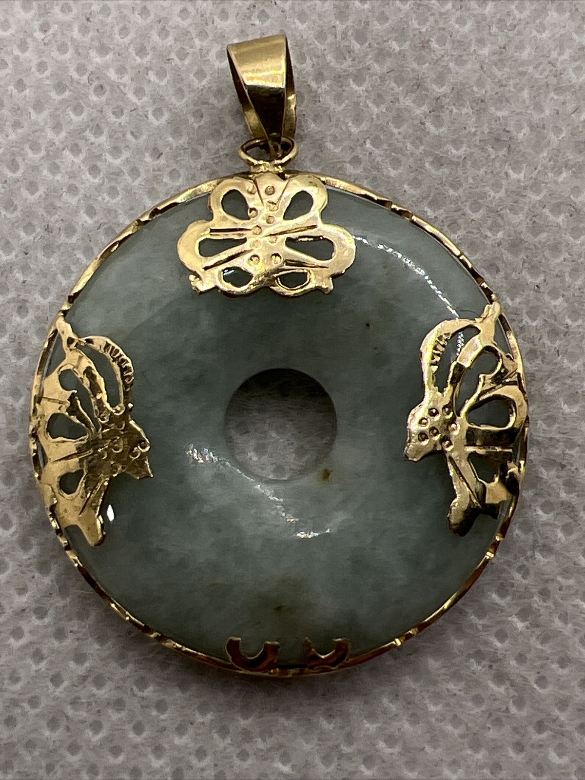 Solid 14K Yellow Gold Round Green Jade Charm Pend… - image 1