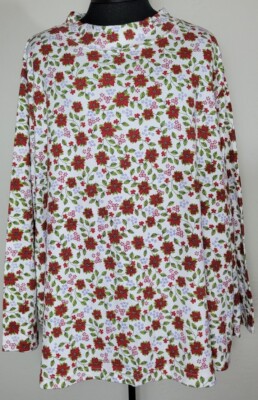 PLUS SIZE 30W/32W Red Flowers Long Sleeve Top WHITE STAG BRAND