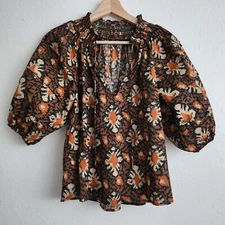Free People Balloon Sleeve Peasant Blouse Willow Print XS Brown Orange Black