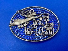 Joy To The World Blue Rhinestone Accented Angle Sounding Music Belt Buckle