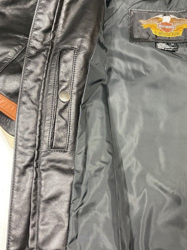 Harley Davidson Mens Sz L Vintage USA Made Bomber Leather Jacket Black Orange - Picture 10 of 15