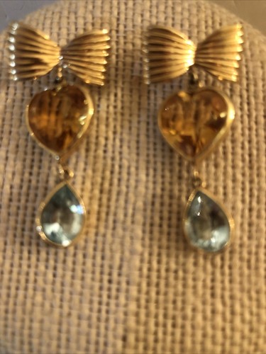 14kt yellow gold Bow Real Citrine heart & pear shaped blue topaz dangle earrings - Picture 2 of 10