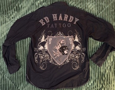 Vintage Y2K Ed Hardy Tattoo Black Button Up Shirt Rhinestone Panther MEDIUM