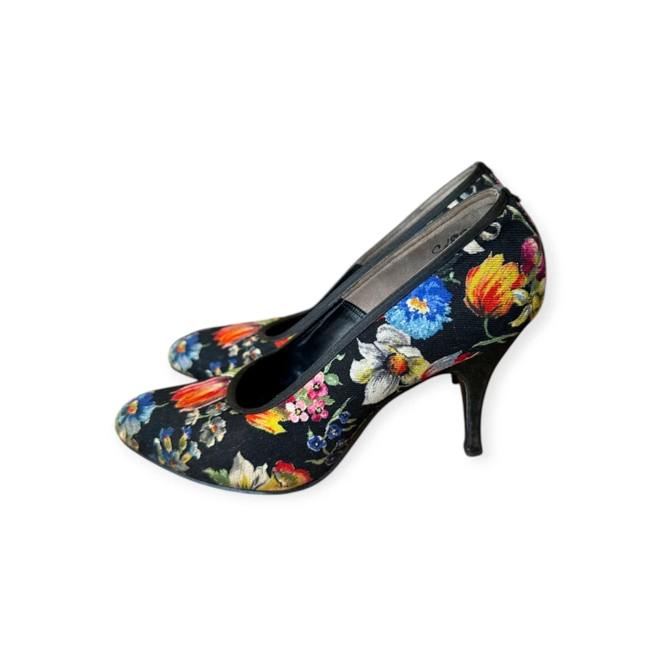 Tacones florales vintage Delman - zapatos de salón negros multicolores - talla 6C Foto 4 de 4