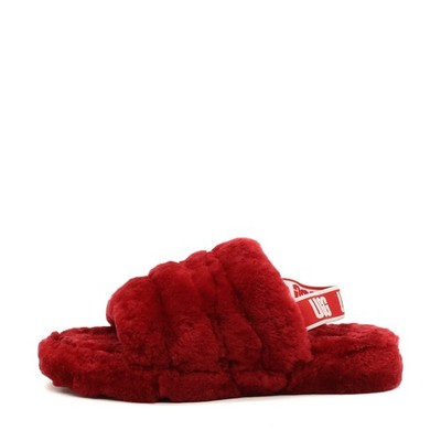 UGG Damen Fluff Yeah Slide Hausschuhe Rot Lammfell Logo-Riemen Pantoletten EU 38