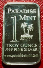 Paradise Mint Inc. Commercial Bar 1 Troy oz.999 Fine Silver-Seldom Seen