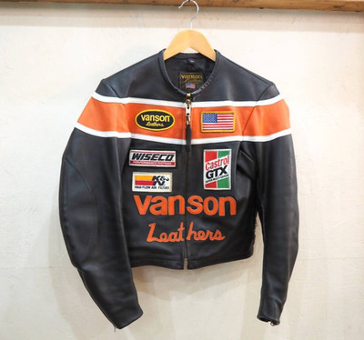 Vanson Leather Motorcycle Biker Jacket Black Orange Flag Patch Size 34