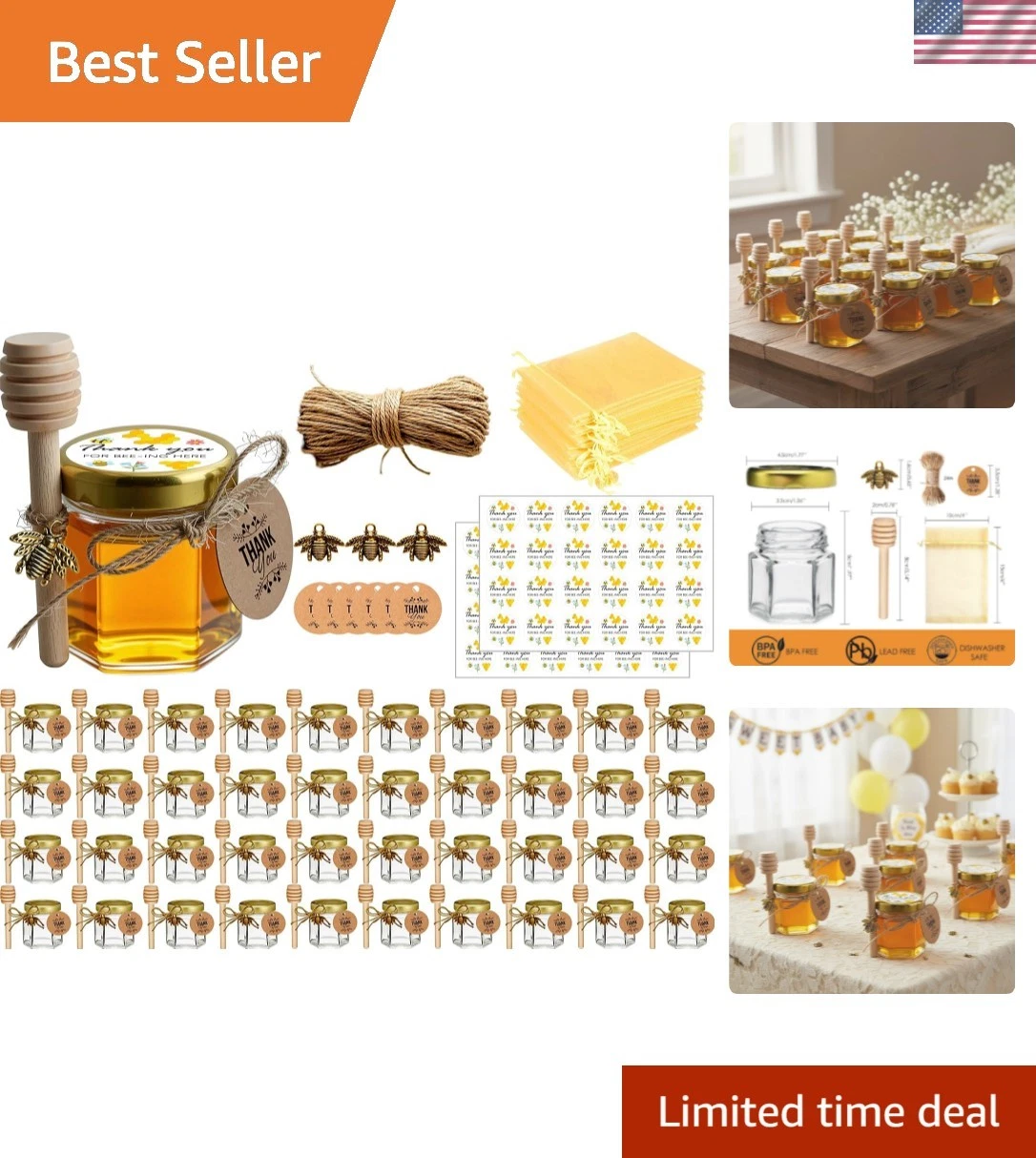 Honey Pot, Glass Honey Jars, Small Honey Jars with Wooden Dippers, Bee Charms...