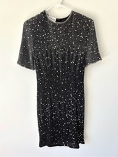 Vintage Sténay Black Silk Knee Length Cocktail Dress Sequins Sparkles Formalwear