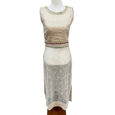 Bollywood Elegant Formal Gold Texture Floral Lace Beaded Sleeveless Kurta Tunic
