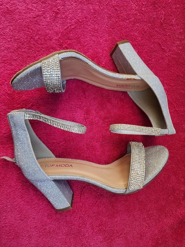 Top Moda Women's Silver Rhinestone Heels Shoes Party Sparkling Gliter - Size 8 - Picture 6 of 9
