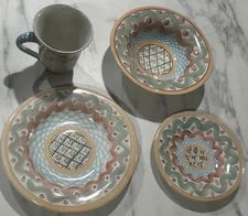 MacKenzie-Childs Heather 5 Piece Set Dinner & Bread Plate,Soup Bowl 2 Coffee Mug