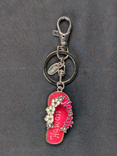 Aloha Hawaii Pink Flip Flop Keychain Enamel w/Flowers Metal Key Ring Bag Charm