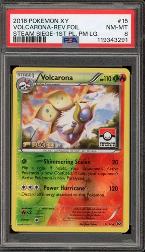 Pokemon Volcarona 1st Place Pokemon League XY Steam Siege Reverse Holo #15 PSA 8