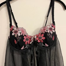 Victoria's Secret Lingerie Babydoll Chemise Black Pink Floral Embroidered 34C