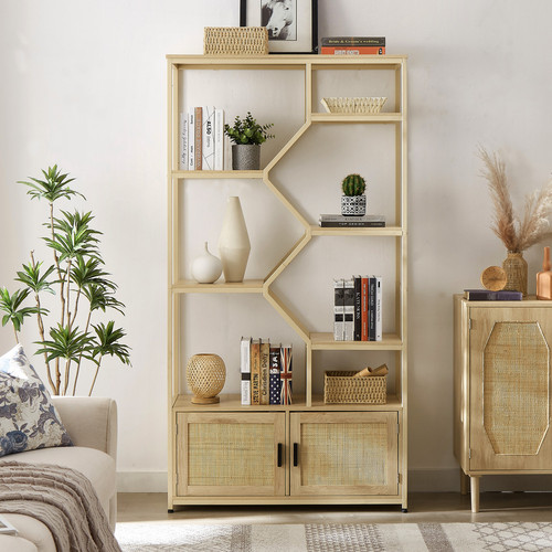 7 Tier Rattan Bookshelf Storage Rack Cabinet for Living Room Office Natural