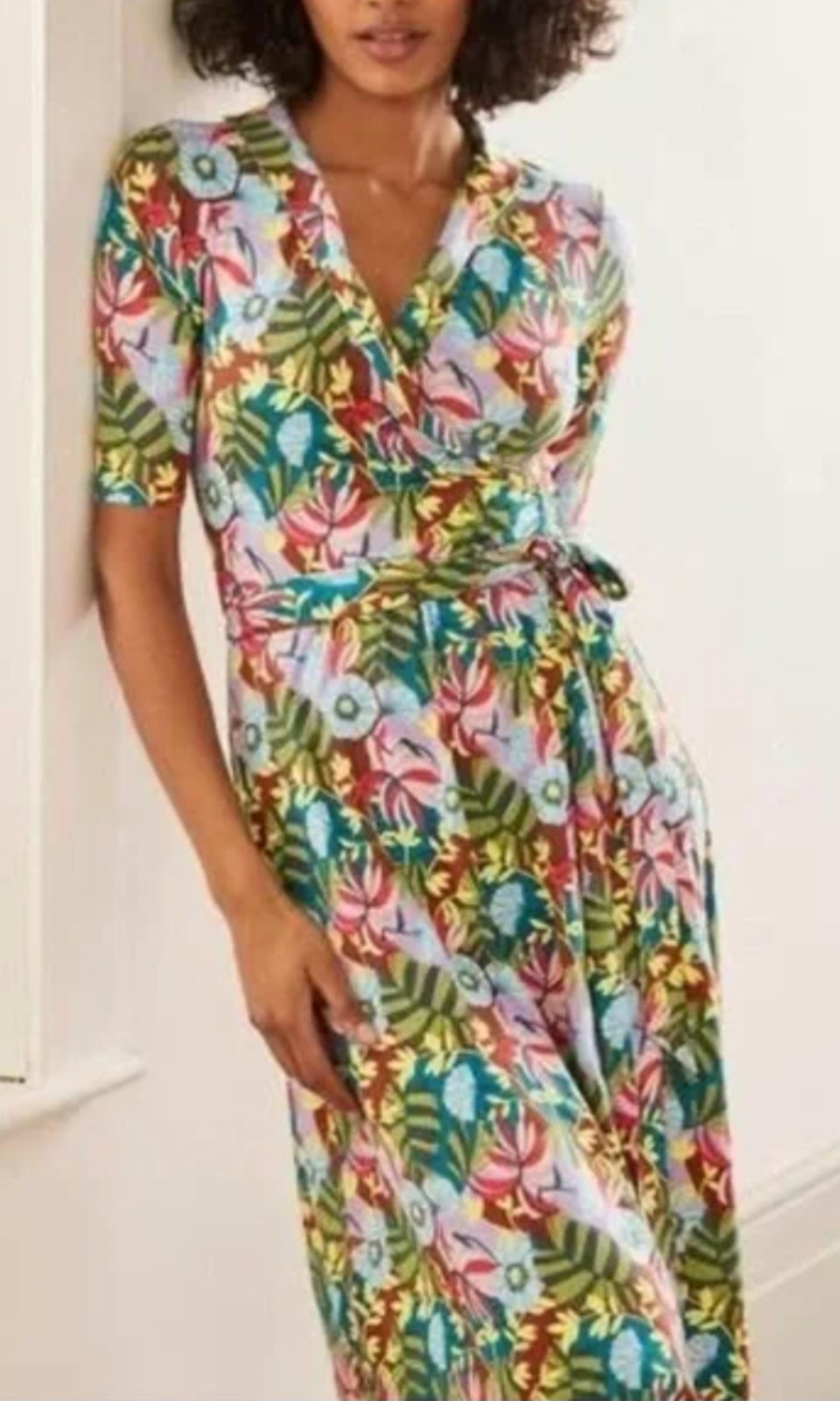Boden Lavina jersey wrap dress red oak, tropical palm print size 10R RRP £110