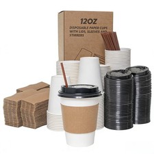 12 oz Disposable Cups with Lids 100 Sets - Leak-Proof To-Go Coffee Cups, Hot/...